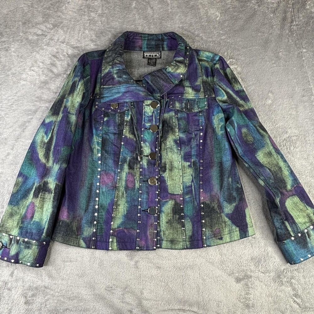 Berck Jacket Womens Medium Purple Green Studded Denim Tye Dye Silver Buttons - Picture 1 of 11